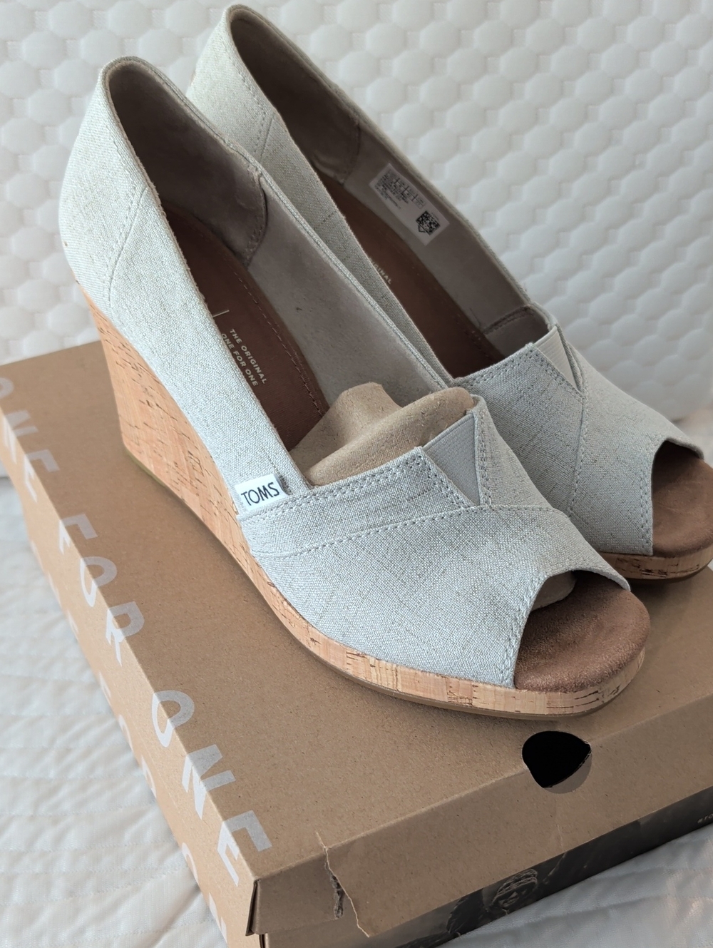 TOMS Light Gray Canvas Cork Wedge Peep-Toe Sandals